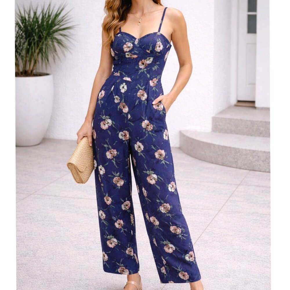 BOG Collective Floral Jumpsuit Size M Navy Blue Strappy Wide Leg